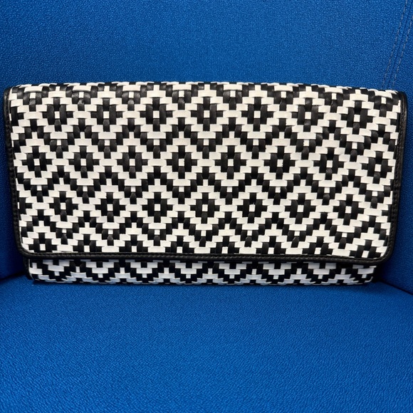 Cole Haan Handbags - Cole Haan Black and White Leather Woven Geometric Clutch New WT